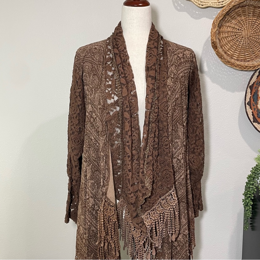 PRETTY ANGEL Linen Blend Brown Lace Ruffled Boho Whimsigoth Fairycore Jacket S/M